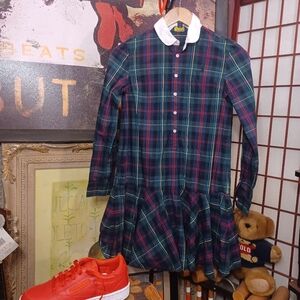 Polo Ralph Lauren White Collar Blue  Tartan Plaid Dress Youth Kids Girls 14